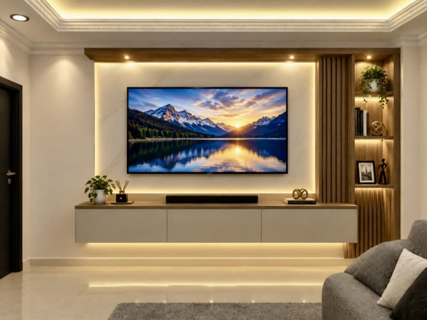 Sala de apartamento terminado: mueble de TV con iluminación LED integrada, estantería en madera e iluminación cálida